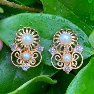 Vintage Gold Color Clip-On Earrings Faux Pearls and Rhinestones